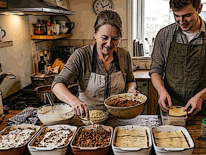 Shared lasagne production in a Kaláka group